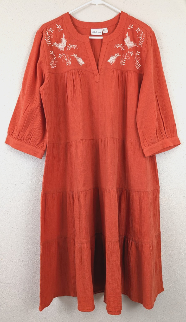 The Vermont Country Store sz M Midi Dress orange embroidered 4432